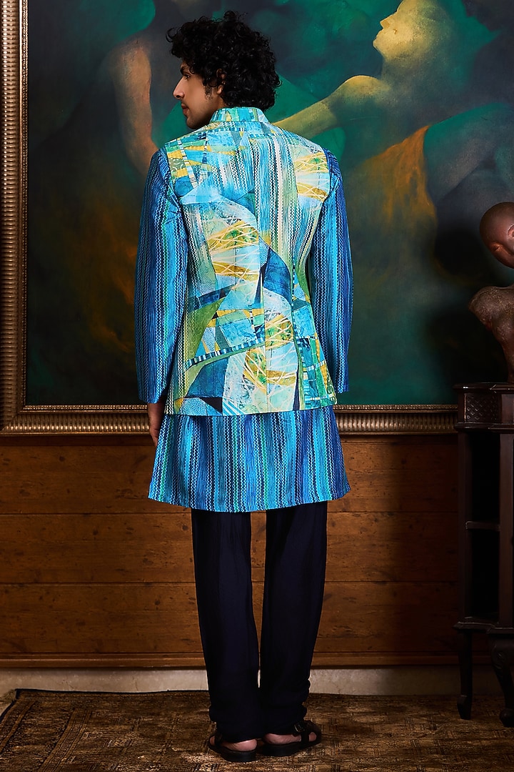 Turquoise & Blue Poly Dupion Printed Bundi Jacket Set by NITIKA GUJRAL MEN at Pernia's Pop Up Shop