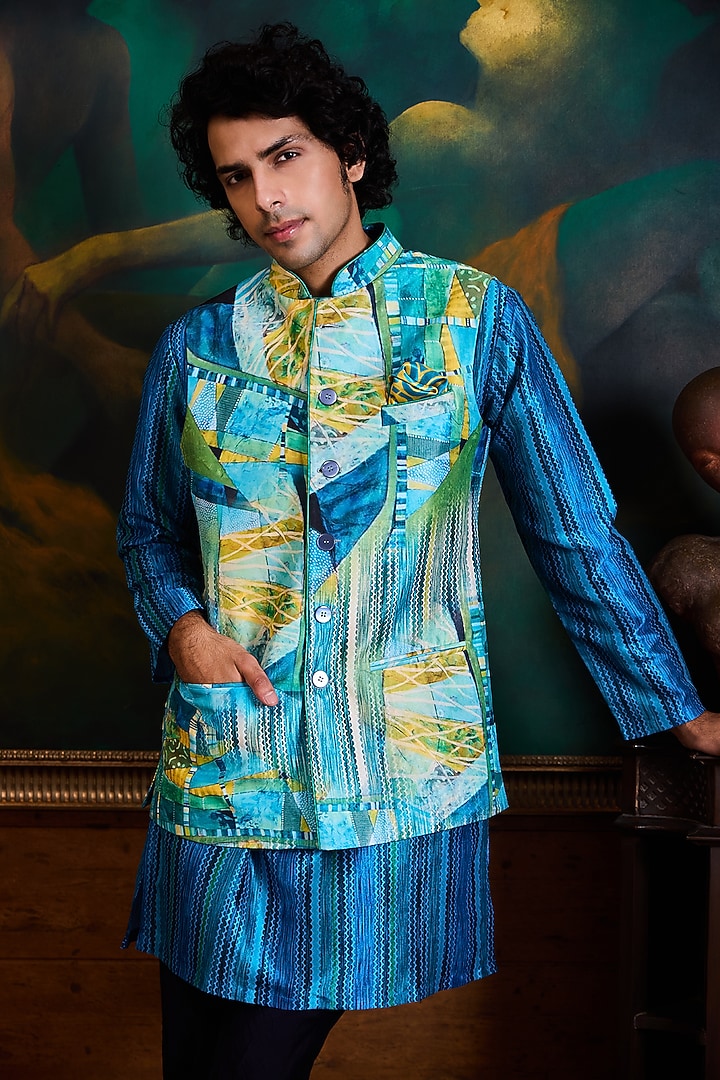 Turquoise & Blue Poly Dupion Printed Bundi Jacket Set by NITIKA GUJRAL MEN at Pernia's Pop Up Shop
