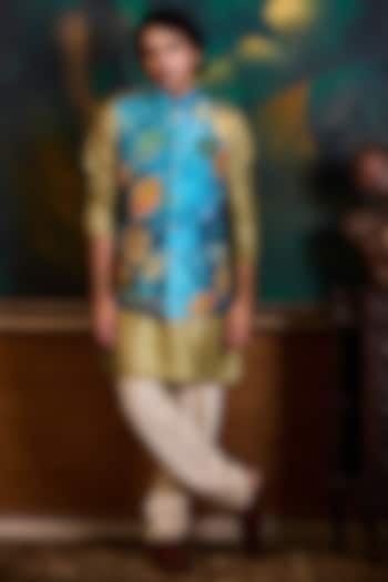 Teal Poly Dupion Printed Bundi Jacket Set by Histori at Pernia's Pop Up Shop