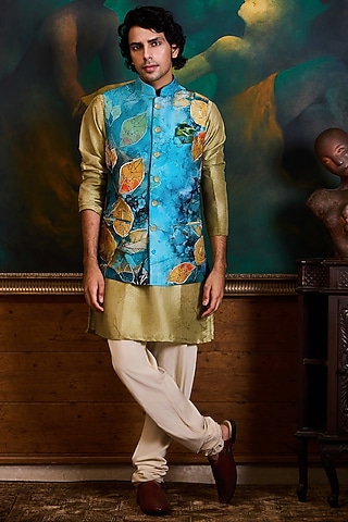 Teal Poly Dupion Printed Bundi Jacket Set by NITIKA GUJRAL MEN