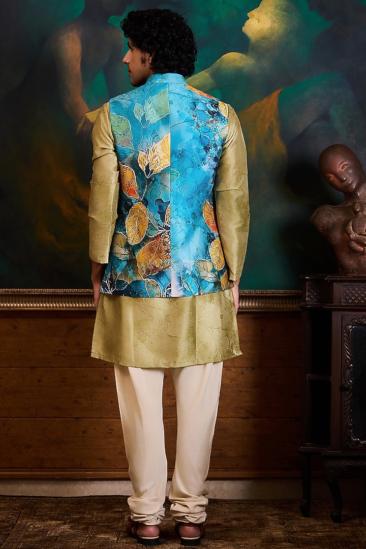 Teal Poly Dupion Printed Bundi Jacket Set by NITIKA GUJRAL MEN at Pernia's Pop Up Shop