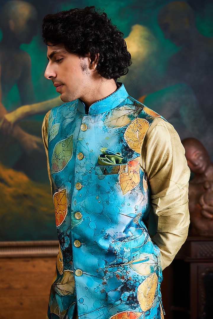 Teal Poly Dupion Printed Bundi Jacket Set by NITIKA GUJRAL MEN at Pernia's Pop Up Shop