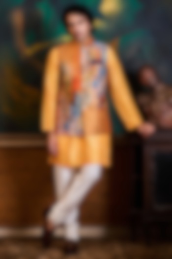 Mustard & Orange Poly Dupion Printed Bundi Jacket Set by Histori at Pernia's Pop Up Shop