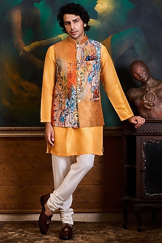Mustard & Orange Poly Dupion Printed Bundi Jacket Set by NITIKA GUJRAL MEN