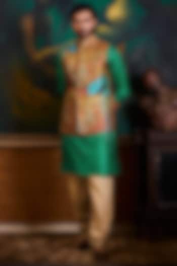 Rust & Emerald Green Poly Dupion Printed Bundi Jacket Set by Histori at Pernia's Pop Up Shop