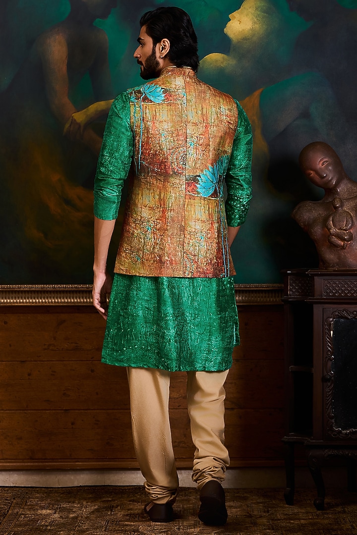 Rust & Emerald Green Poly Dupion Printed Bundi Jacket Set by NITIKA GUJRAL MEN at Pernia's Pop Up Shop