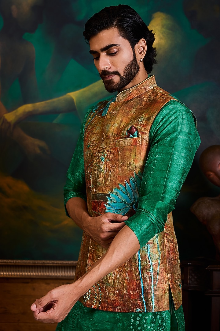 Rust & Emerald Green Poly Dupion Printed Bundi Jacket Set by NITIKA GUJRAL MEN at Pernia's Pop Up Shop