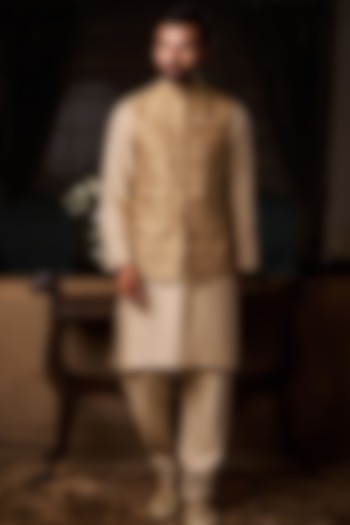 Beige Ghicha Tussar Silk Embroidered Bundi Jacket Set by Histori at Pernia's Pop Up Shop