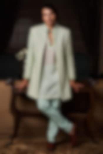 Mint Green Raw Silk Resham Embroidered Open Groom Sherwani Set by Histori at Pernia's Pop Up Shop