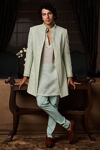 Mint Green Raw Silk Resham Embroidered Open Sherwani Set by NITIKA GUJRAL MEN