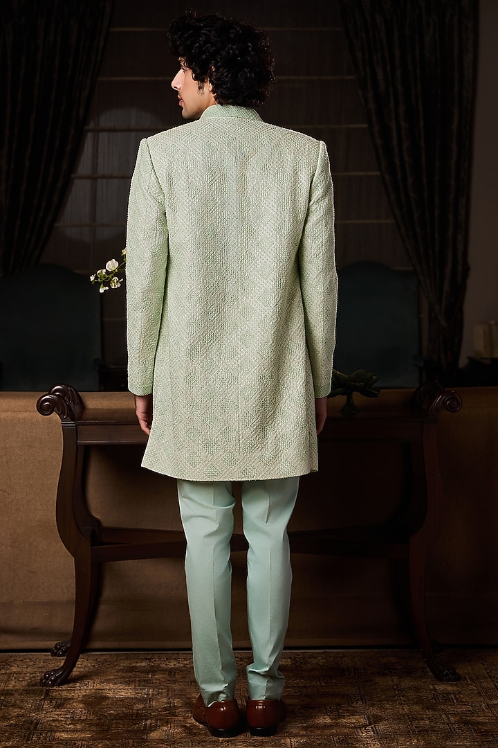 Mint Green Raw Silk Resham Embroidered Open Groom Sherwani Set by NITIKA GUJRAL MEN at Pernia's Pop Up Shop