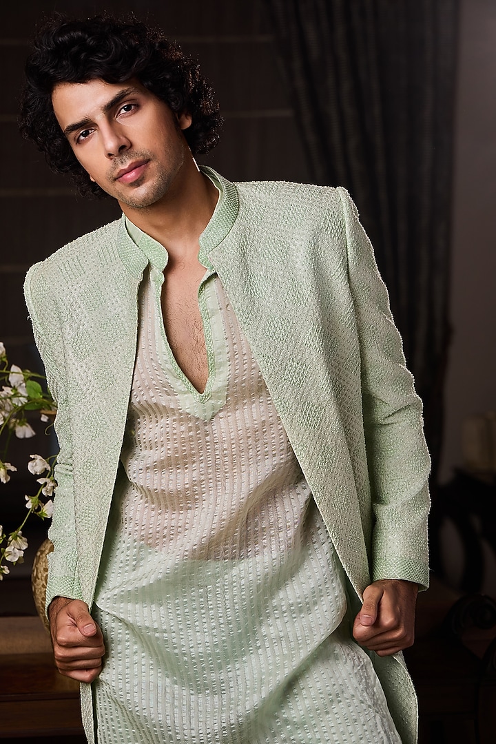 Mint Green Raw Silk Resham Embroidered Open Groom Sherwani Set by NITIKA GUJRAL MEN at Pernia's Pop Up Shop