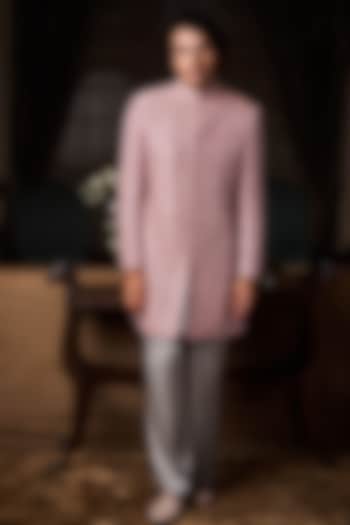 Dusty Rose Pink Raw Silk Bead Embroidered Groom Sherwani Set by Histori at Pernia's Pop Up Shop
