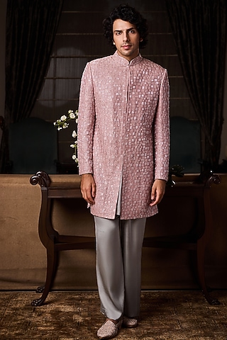 Dusty Rose Pink Raw Silk Bead Embroidered Sherwani Set by NITIKA GUJRAL MEN