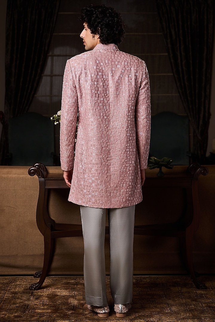 Dusty Rose Pink Raw Silk Bead Embroidered Groom Sherwani Set by NITIKA GUJRAL MEN at Pernia's Pop Up Shop