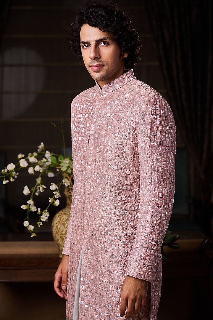 Dusty Rose Pink Raw Silk Bead Embroidered Groom Sherwani Set by NITIKA GUJRAL MEN at Pernia's Pop Up Shop