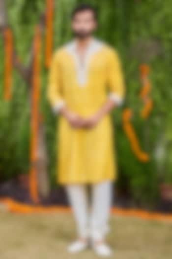 Yellow Mulberry Silk Bead Embroidered Kurta Set by Histori at Pernia's Pop Up Shop