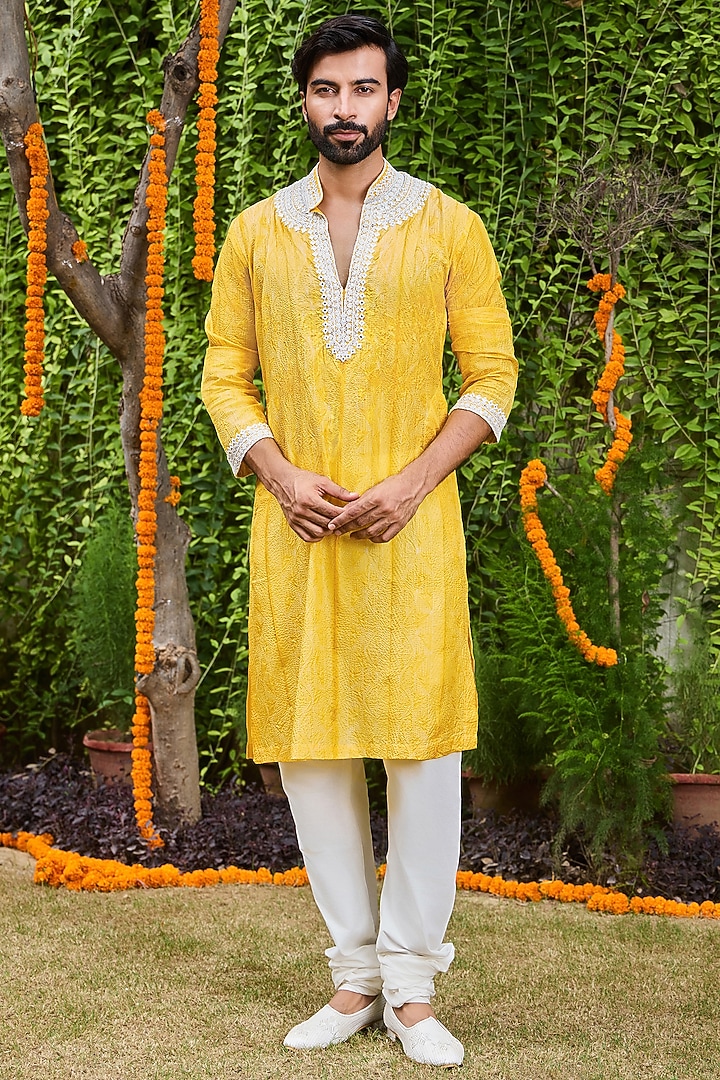 Yellow Mulberry Silk Bead Embroidered Kurta Set by Histori at Pernia's Pop Up Shop