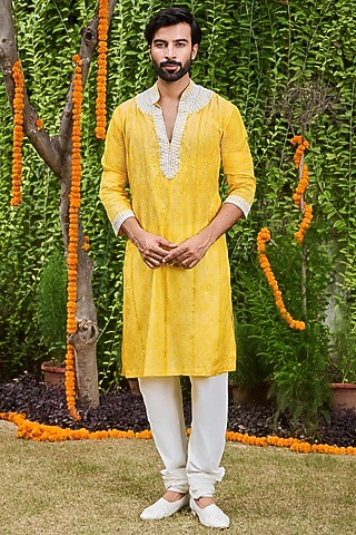 Yellow Mulberry Silk Bead Embroidered Kurta Set by Histori