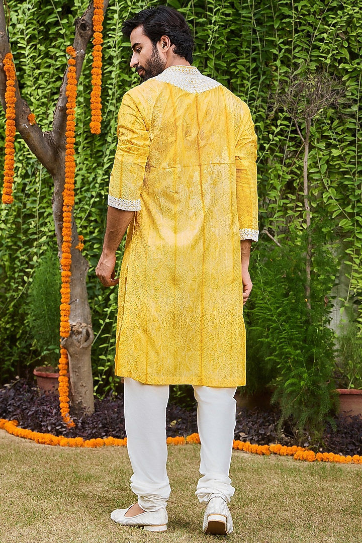 Yellow Mulberry Silk Bead Embroidered Kurta Set by Histori at Pernia's Pop Up Shop