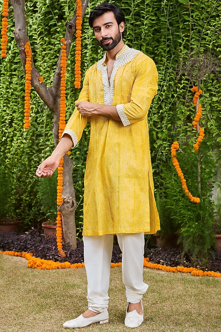 Yellow Mulberry Silk Bead Embroidered Kurta Set by Histori at Pernia's Pop Up Shop