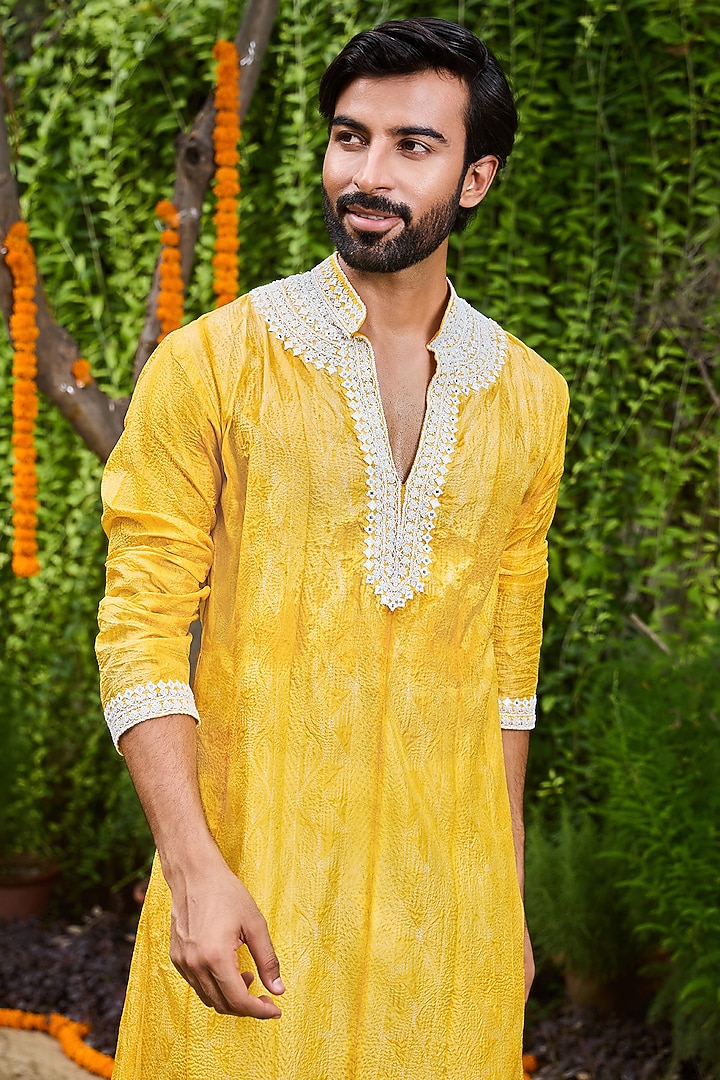 Yellow Mulberry Silk Bead Embroidered Kurta Set by Histori at Pernia's Pop Up Shop