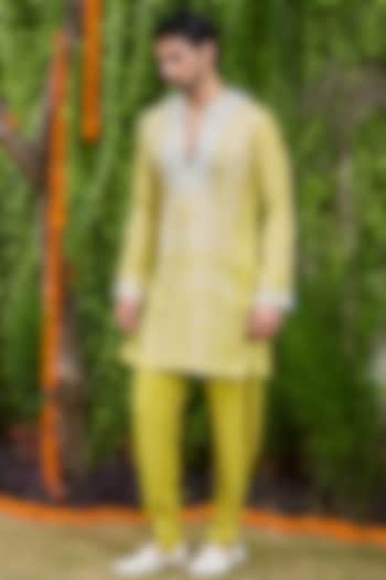 Mehendi Green Mulberry Silk Bead Embroidered Kurta Set by Histori at Pernia's Pop Up Shop