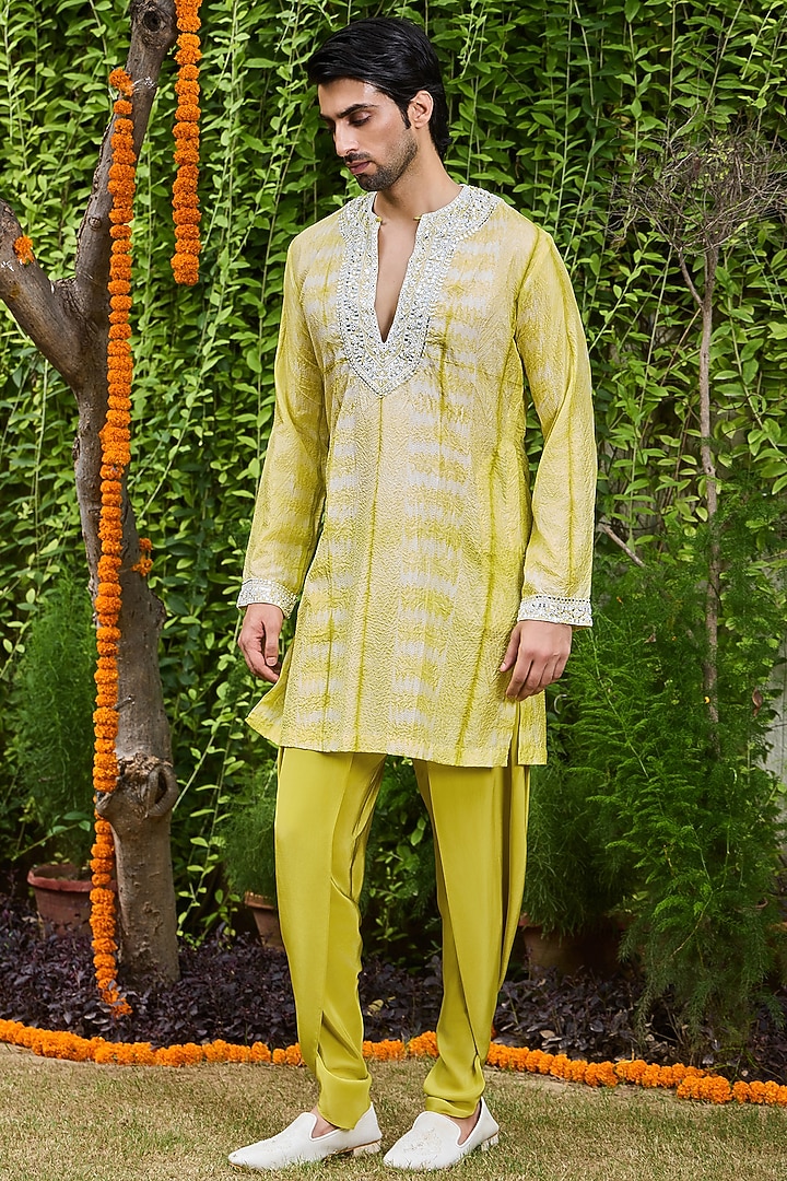 Mehendi Green Mulberry Silk Bead Embroidered Kurta Set by Histori at Pernia's Pop Up Shop
