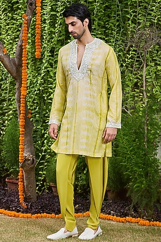 Mehendi Green Mulberry Silk Bead Embroidered Kurta Set by Histori