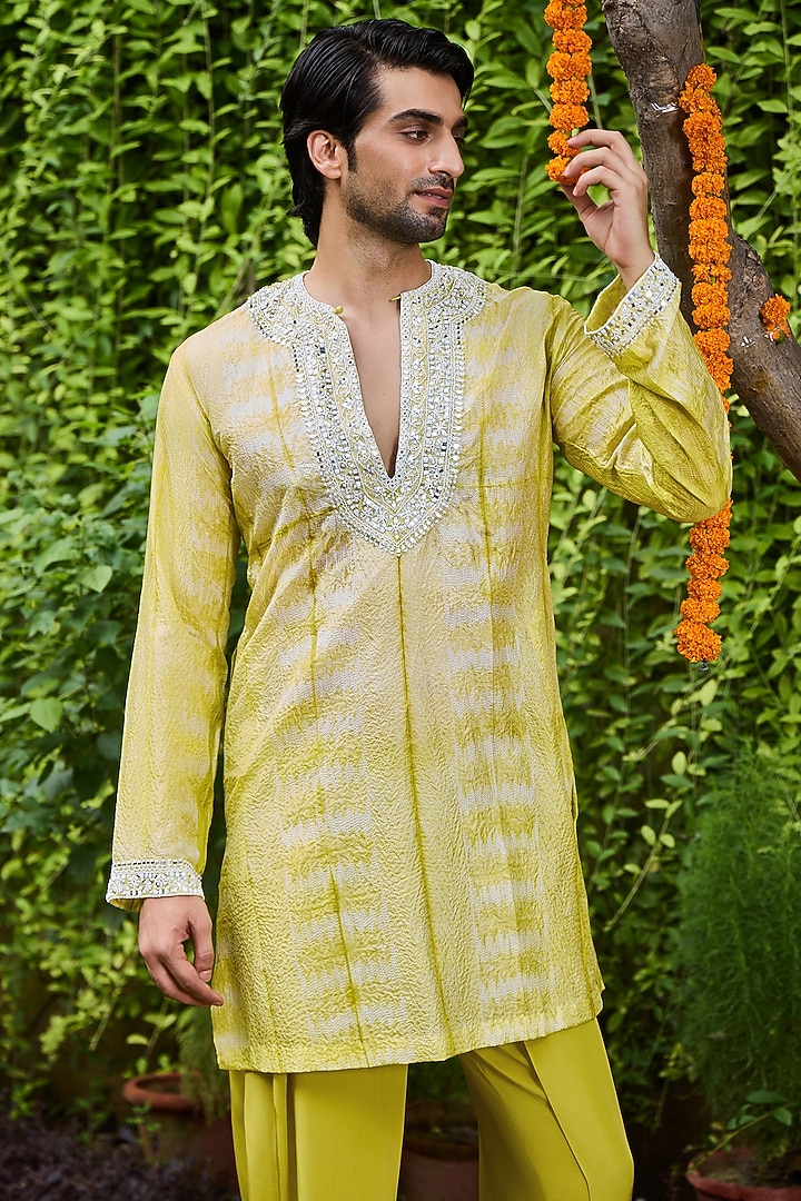 Mehendi Green Mulberry Silk Bead Embroidered Kurta Set by Histori at Pernia's Pop Up Shop