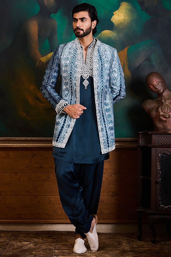 Teal Mulberry Silk Bead Work Wedding Indowestern Set by Histori at Pernia's Pop Up Shop