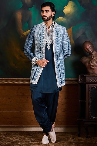 Teal Mulberry Silk Bead Work Indowestern Set by Histori