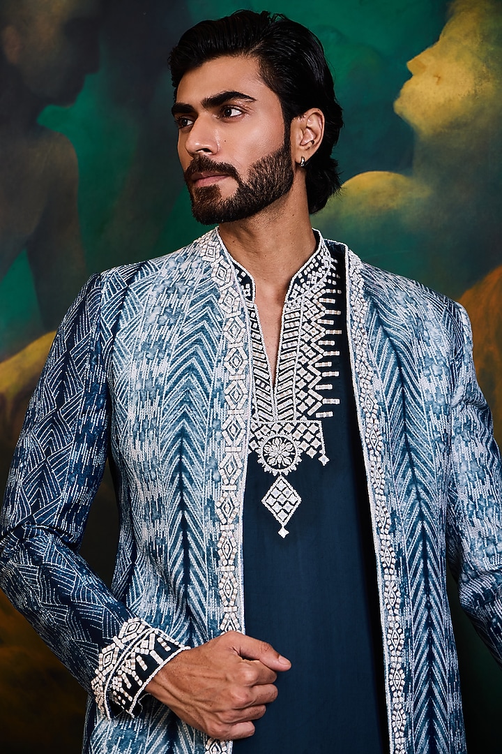 Teal Mulberry Silk Bead Work Wedding Indowestern Set by Histori at Pernia's Pop Up Shop