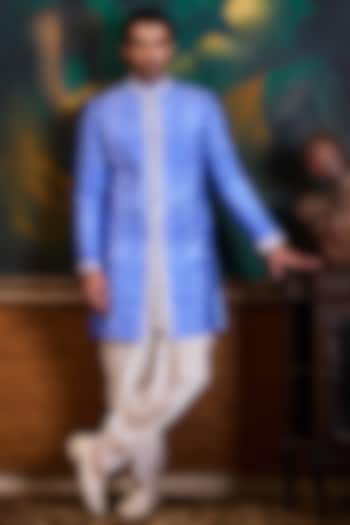 Blue Mulberry Silk Bead Work Wedding Sherwani Set by Histori at Pernia's Pop Up Shop