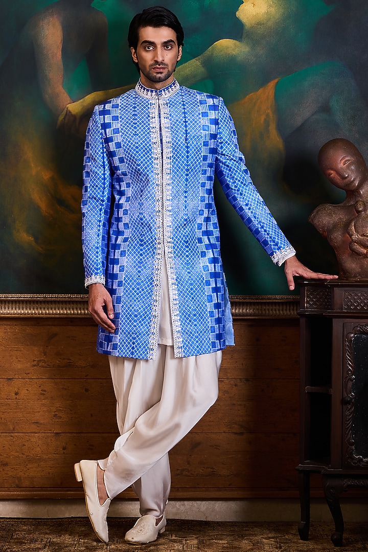 Blue Mulberry Silk Bead Work Wedding Sherwani Set by Histori at Pernia's Pop Up Shop