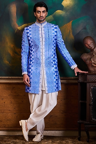 Blue Mulberry Silk Bead Work Sherwani Set by Histori