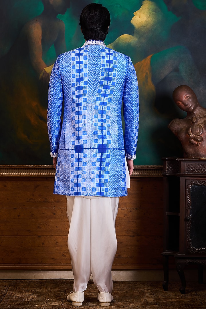 Blue Mulberry Silk Bead Work Wedding Sherwani Set by Histori at Pernia's Pop Up Shop