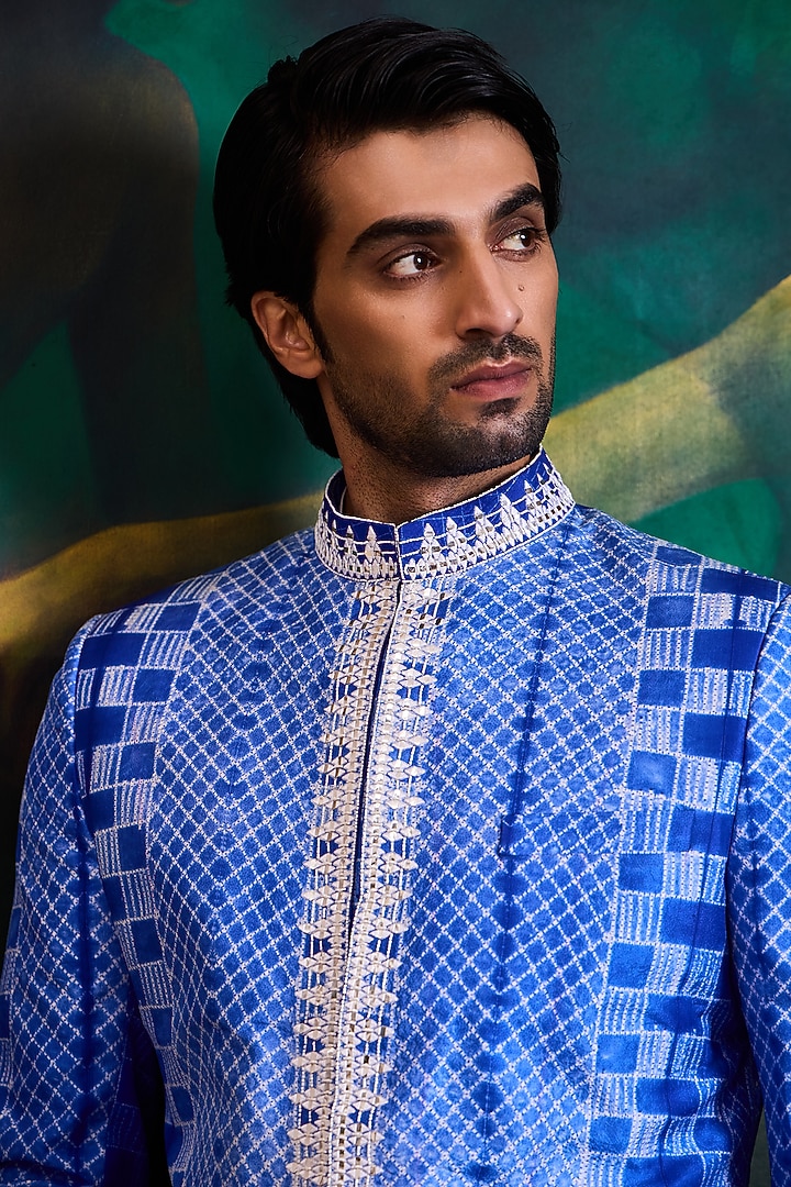 Blue Mulberry Silk Bead Work Wedding Sherwani Set by Histori at Pernia's Pop Up Shop