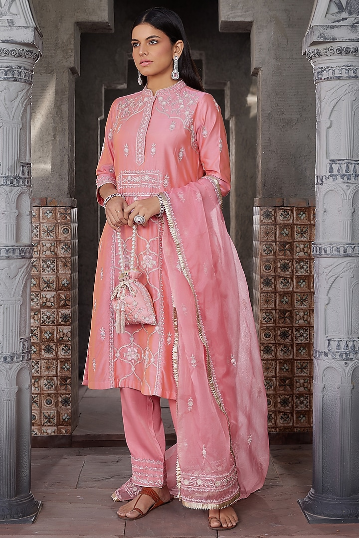Pink Pure Chanderi Hand Embroidered Kurta Set by House of Supriya