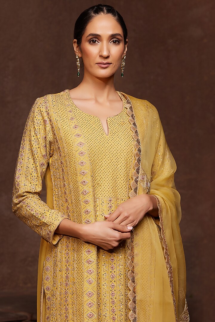 Shiny Mustard Silk Kurta Plazo Set with Dupatta & Hand Embroidery