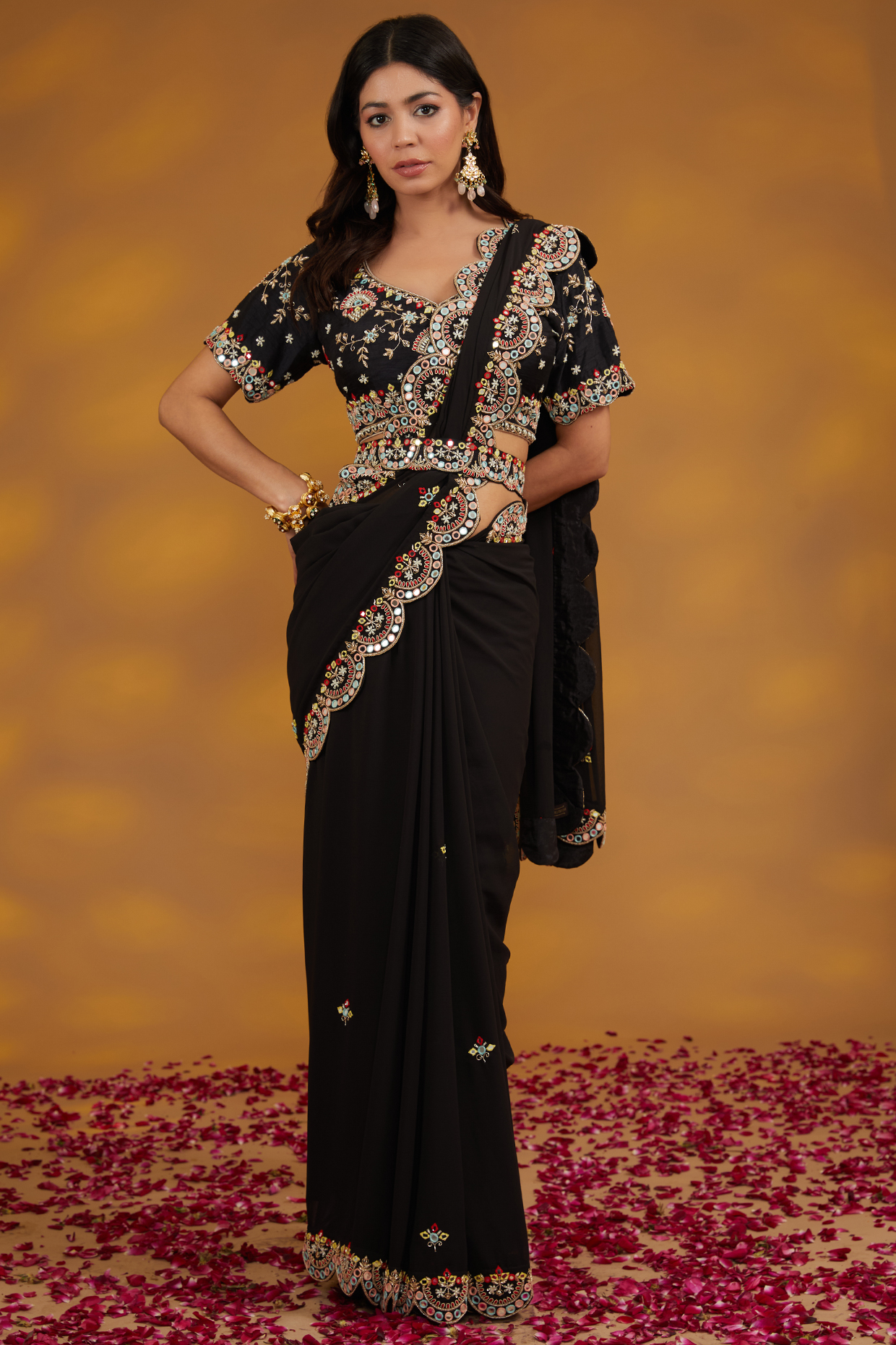 Black Georgette Hand Embroidered Wedding Saree Set by House of Supriya at Pernia's Pop Up Shop