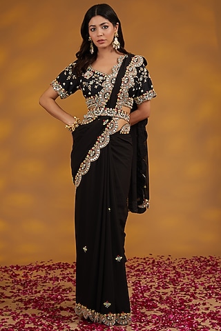 Black Georgette Hand Embroidered Saree Set by House of Supriya
