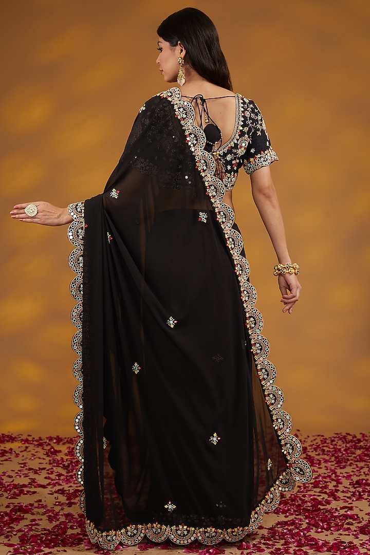 Black Georgette Hand Embroidered Wedding Saree Set by House of Supriya at Pernia's Pop Up Shop