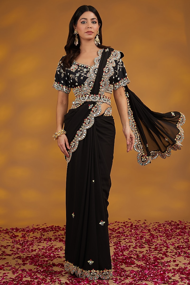Black Georgette Hand Embroidered Wedding Saree Set by House of Supriya at Pernia's Pop Up Shop