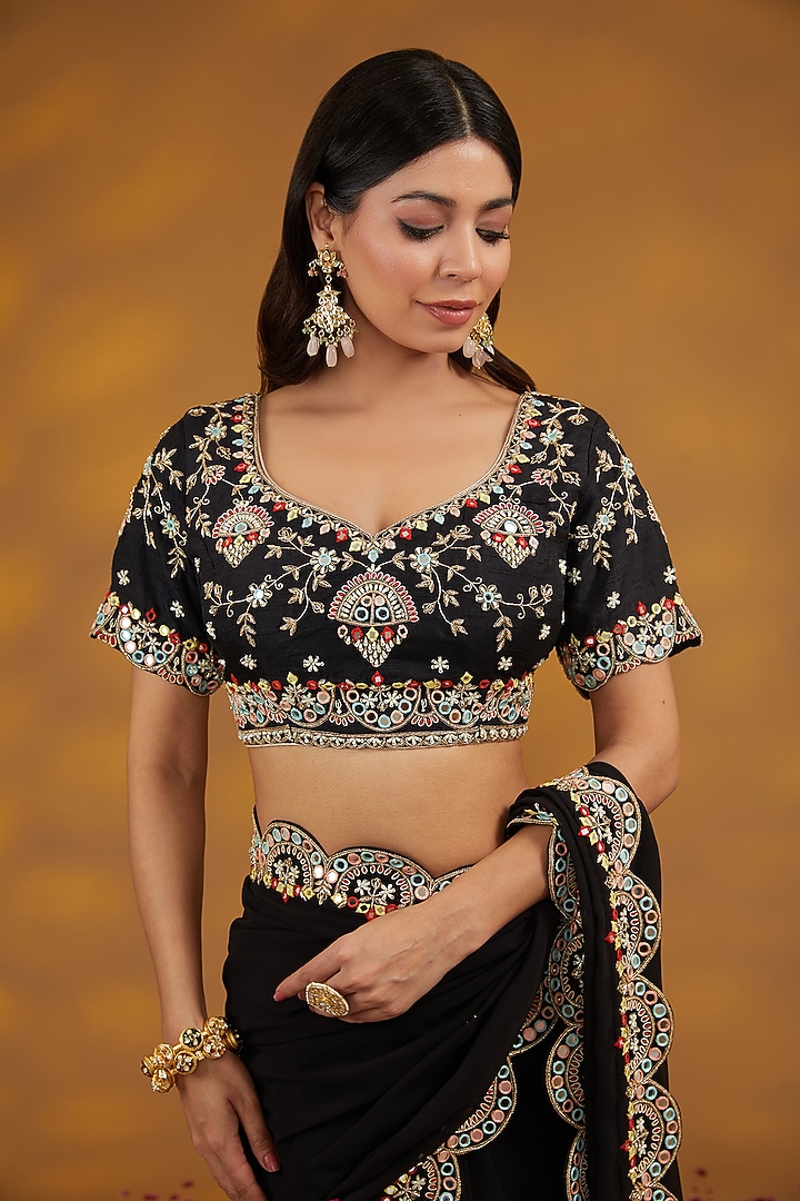 Black Georgette Hand Embroidered Wedding Saree Set by House of Supriya at Pernia's Pop Up Shop