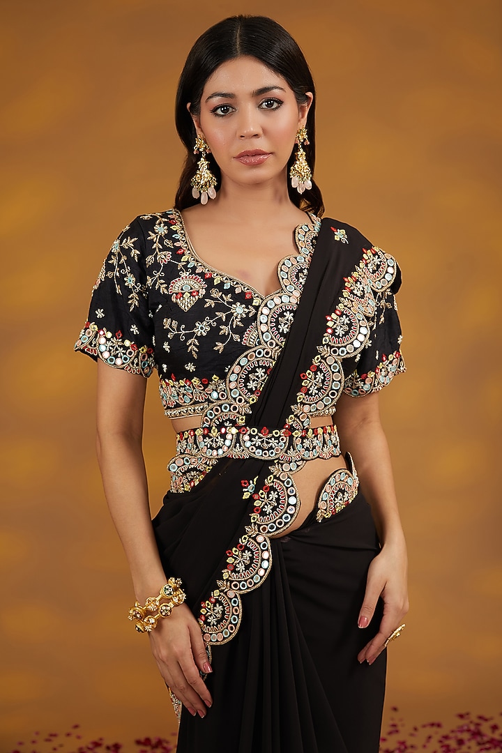 Black Georgette Hand Embroidered Wedding Saree Set by House of Supriya at Pernia's Pop Up Shop