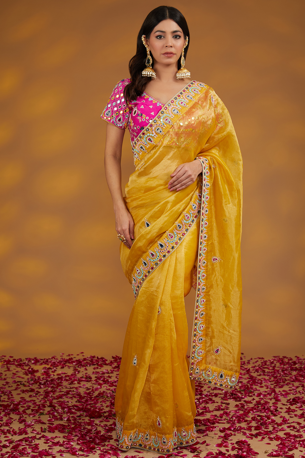 Yellow Silk Tissue Organza Hand Embroidered Wedding Saree Set by House of Supriya at Pernia's Pop Up Shop