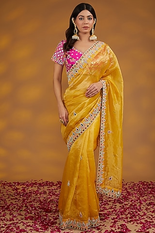 Yellow Silk Tissue Organza Hand Embroidered Saree Set by House of Supriya