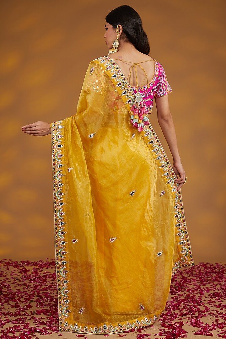 Yellow Silk Tissue Organza Hand Embroidered Wedding Saree Set by House of Supriya at Pernia's Pop Up Shop