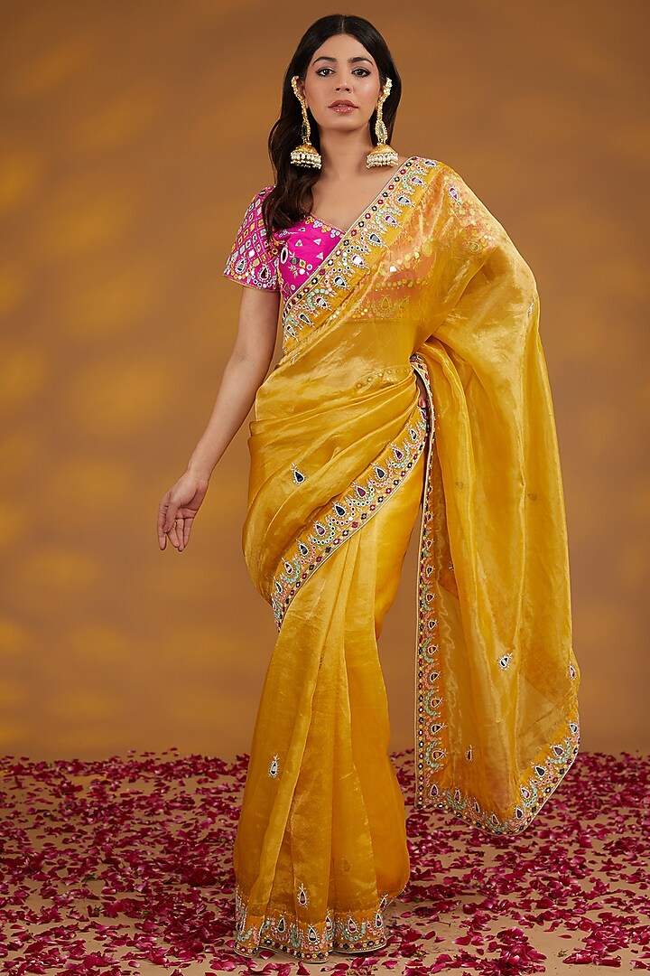 Yellow Silk Tissue Organza Hand Embroidered Wedding Saree Set by House of Supriya at Pernia's Pop Up Shop